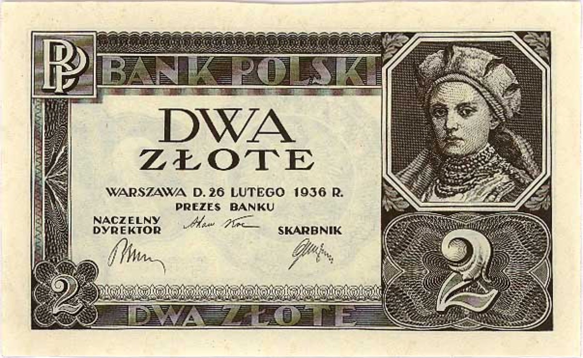 Historyczny banknot o nominale 2 złotych.