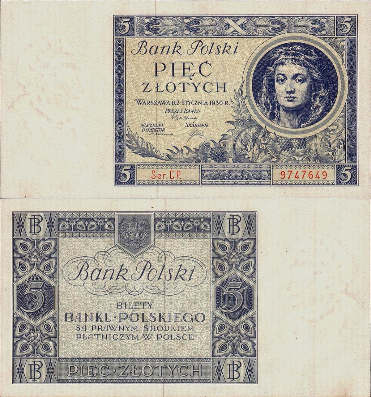 Historyczny banknot o nominale 5 złotych.