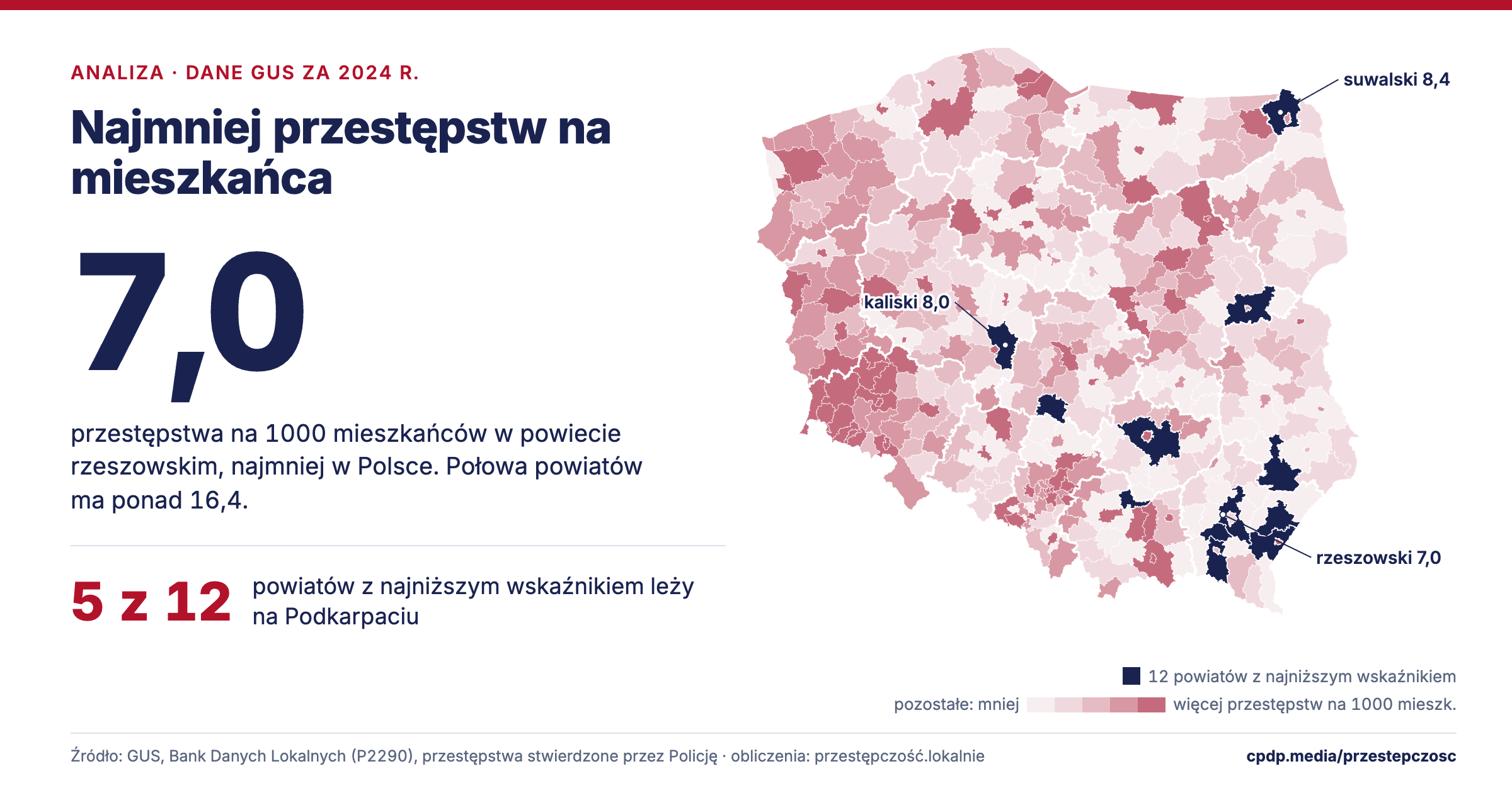Przestępstwa stwierdzone przez Policję na 1000 mieszkańców w powiatach w 2024 r. Granatowe: 12 powiatów z najniższym wskaźnikiem.
